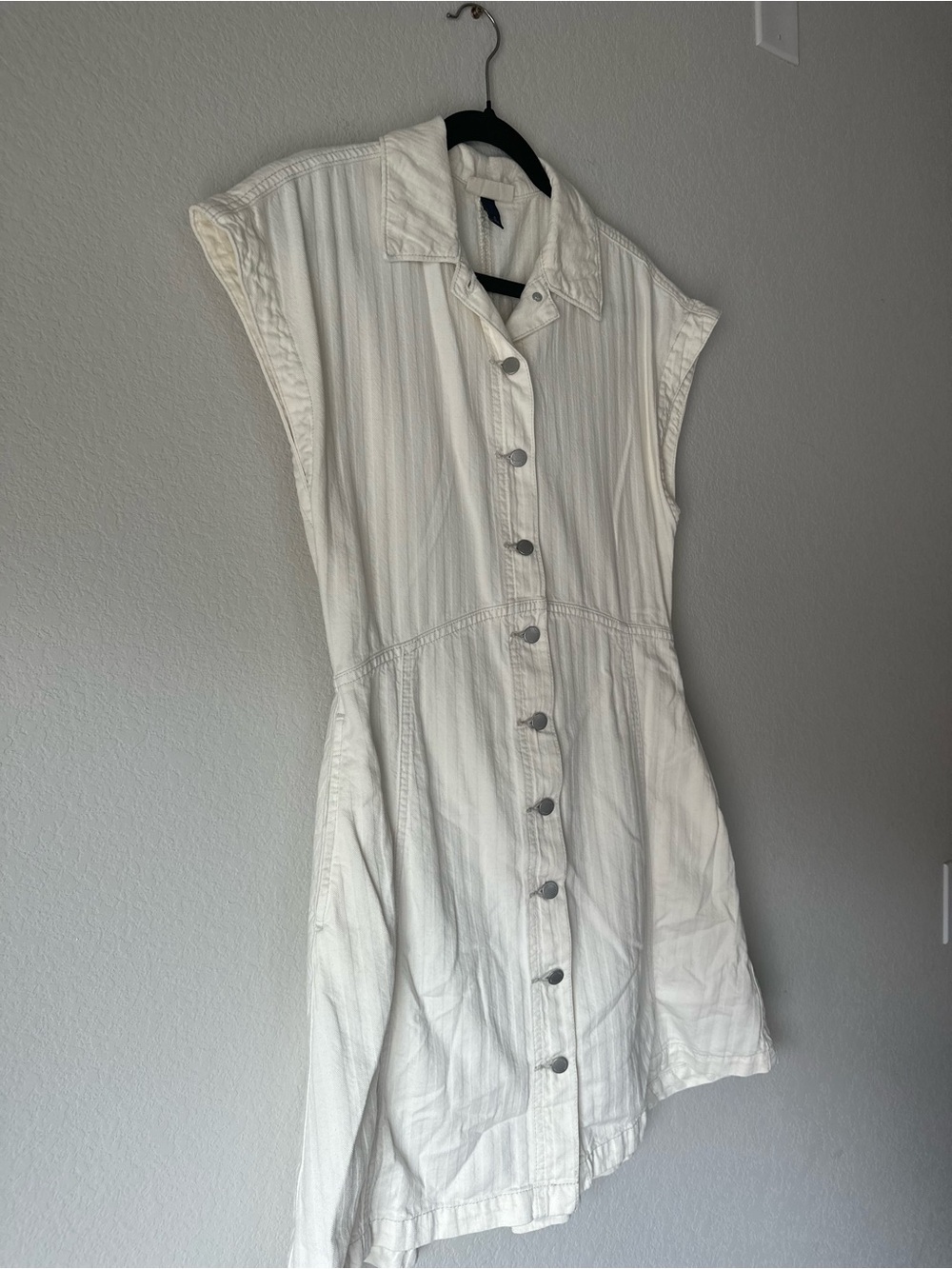 Cotton Denim White Button-Front Shirt Dress with Pockets size XS